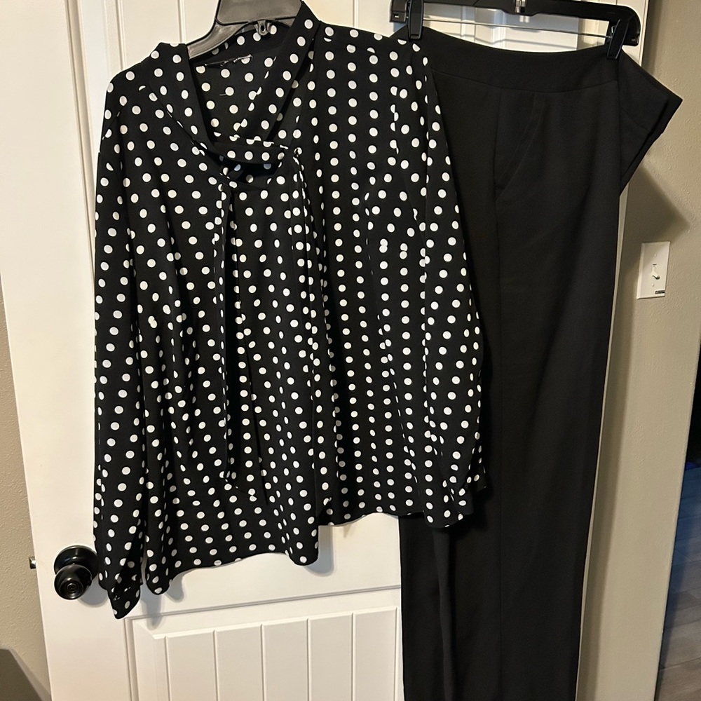 Black and White Polka Dot Blouse and Black Pants Set